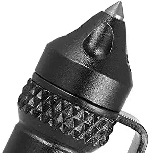 A close-up view of a black tactical self-defense pen with a glass breaker tip and textured grip.