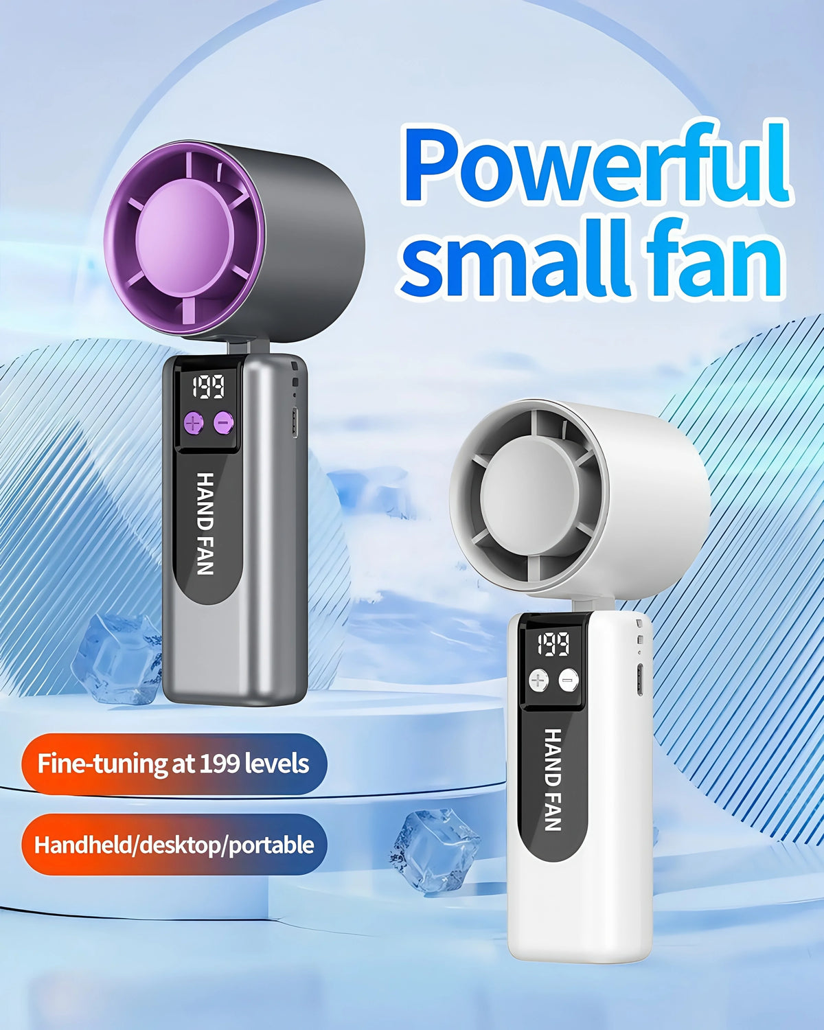 A silver and white portable hand fan with a purple blade is shown against a light blue background.