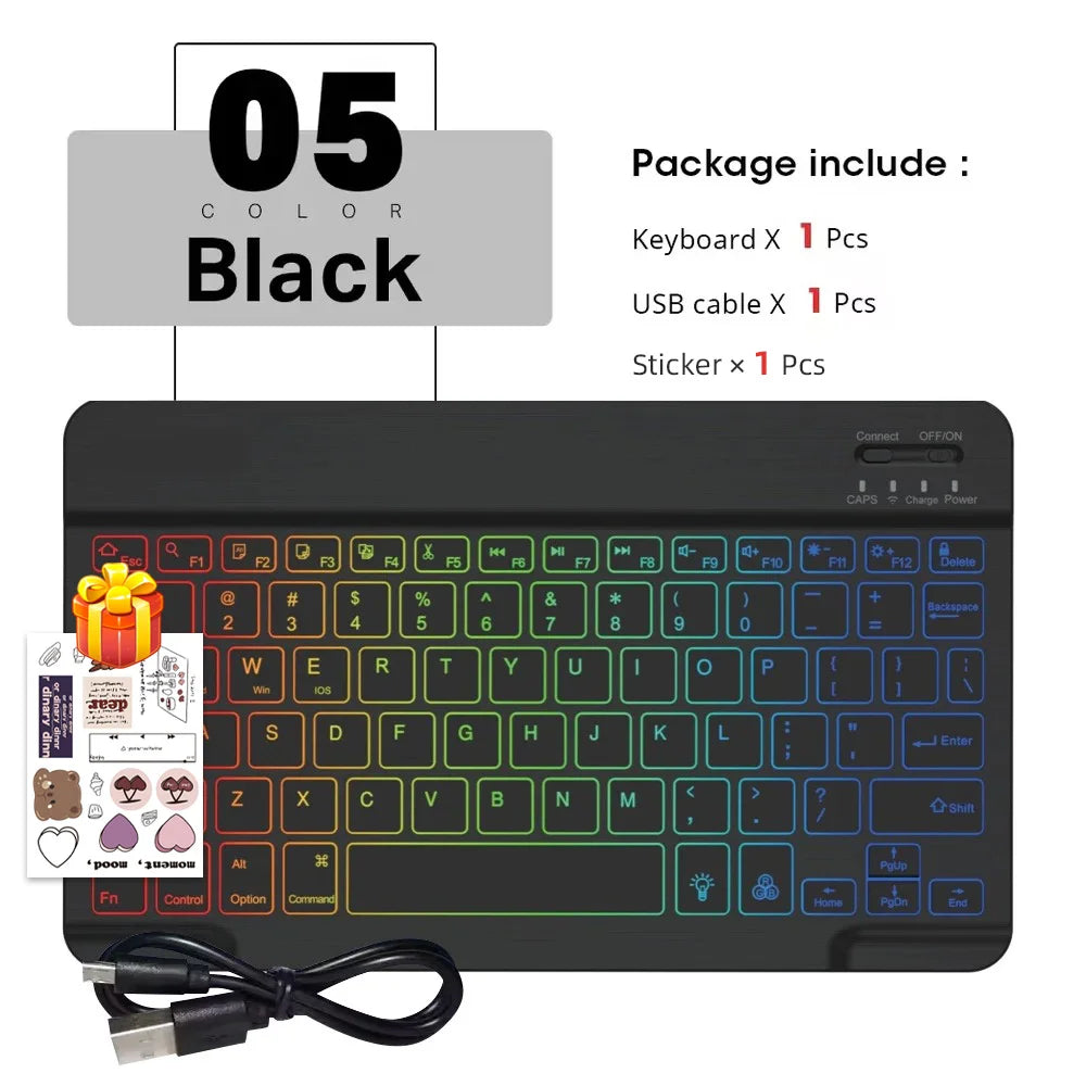 Black portable Bluetooth keyboard and mouse set with USB cable and sticker included