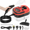 A handheld steam cleaner and its accessories including a hose, nozzle, and cleaning pad are shown.