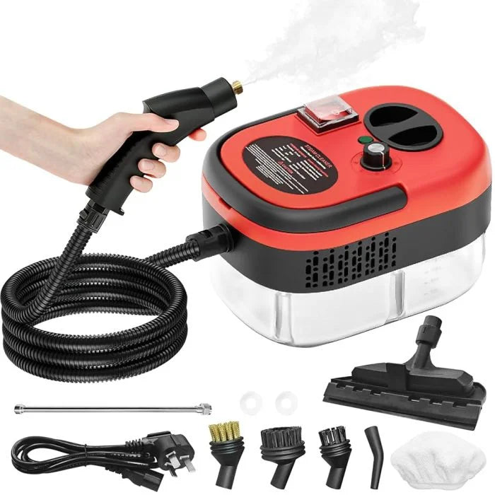 A handheld steam cleaner and its accessories including a hose, nozzle, and cleaning pad are shown.