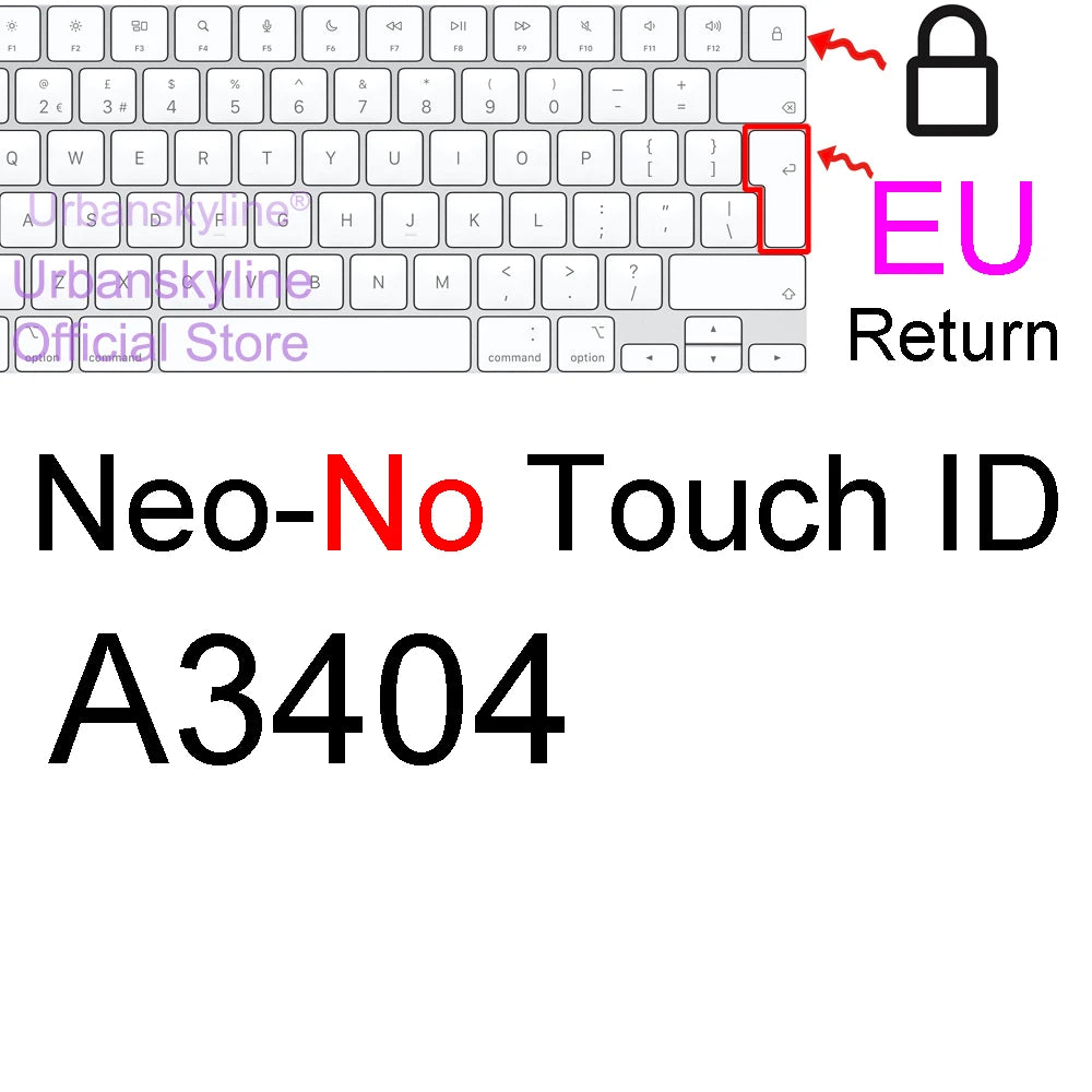 Primer plano de una funda de teclado de silicona para MacBook, mostrando el botón de devolución de la UE y el nombre del prod