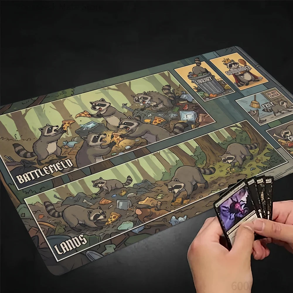 A close-up of a Trash Panda playmat featuring woodland animals and forest scenes for card games.