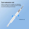 A white tool extension rod is shown, demonstrating how it can be used to increase the length of a tool.