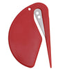 A red letter opener with a silver blade and a curved handle.