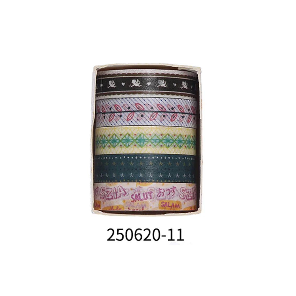A roll of decorative masking tape featuring various patterns and text on a brown paper core.