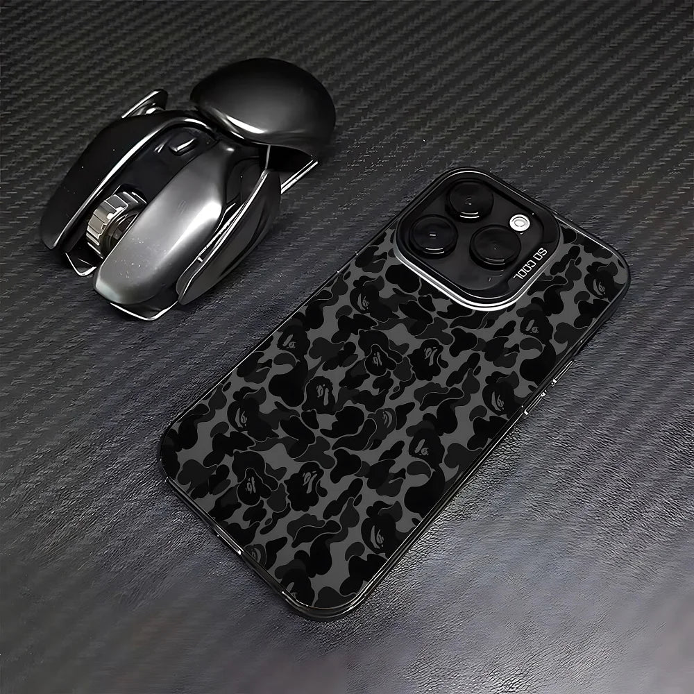 A black iPhone case featuring a leopard print pattern is shown next to the phone.
