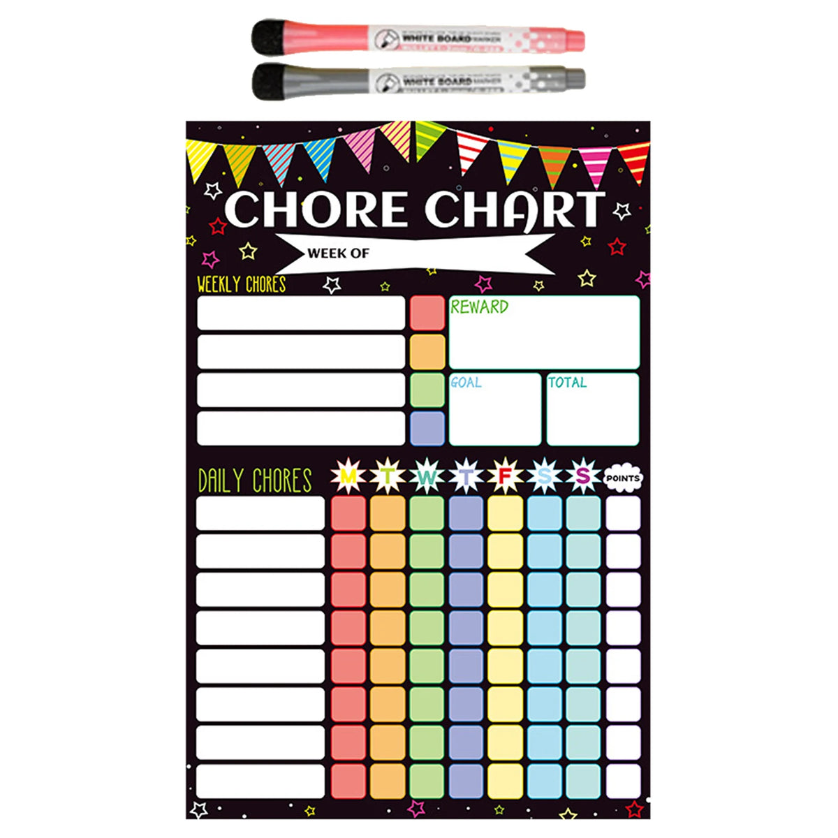 A magnetic chore chart for kids with sections for weekly chores, daily chores, goals, and rewards.
