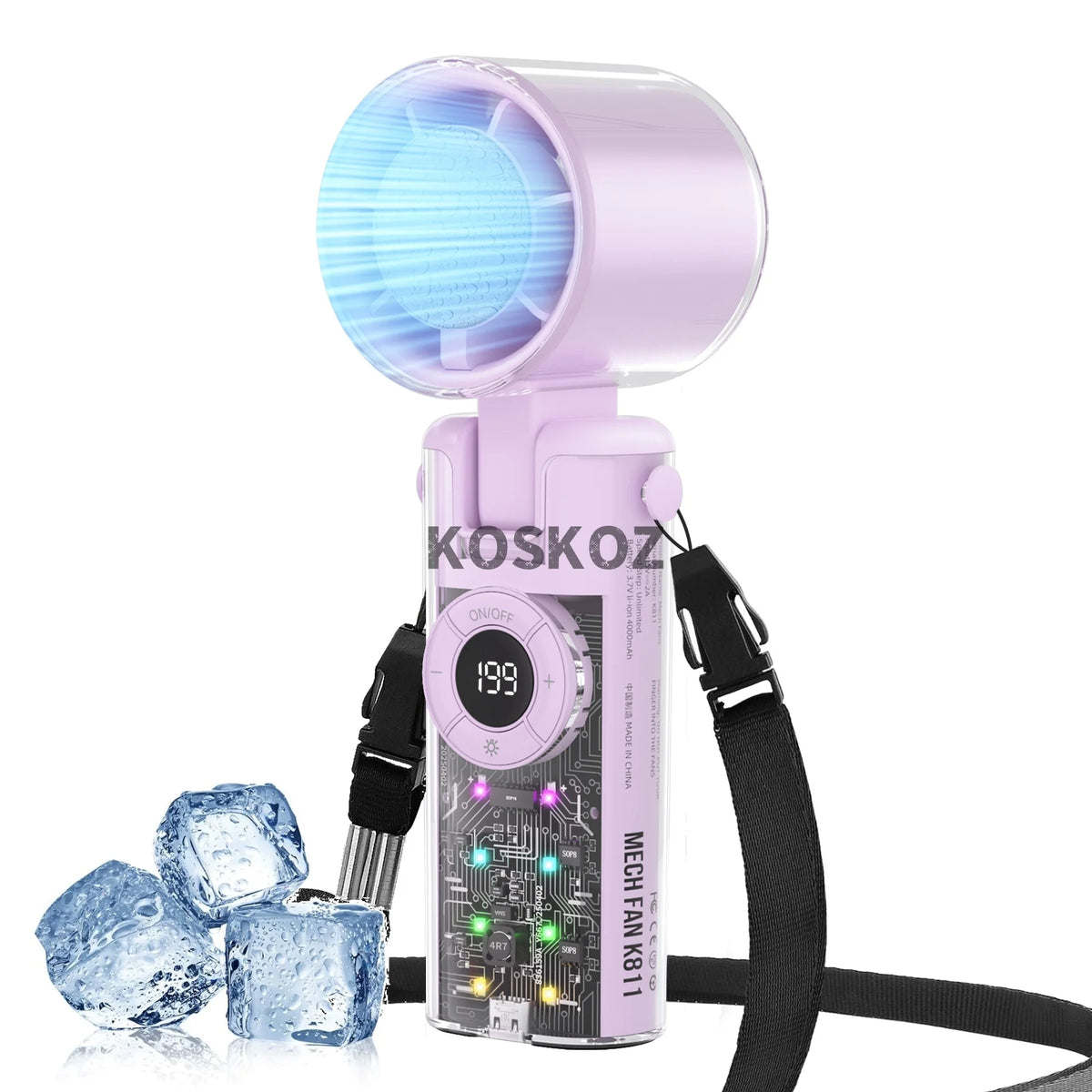 A pink portable handheld mini fan with a blue light and cold compress is shown against a white background.