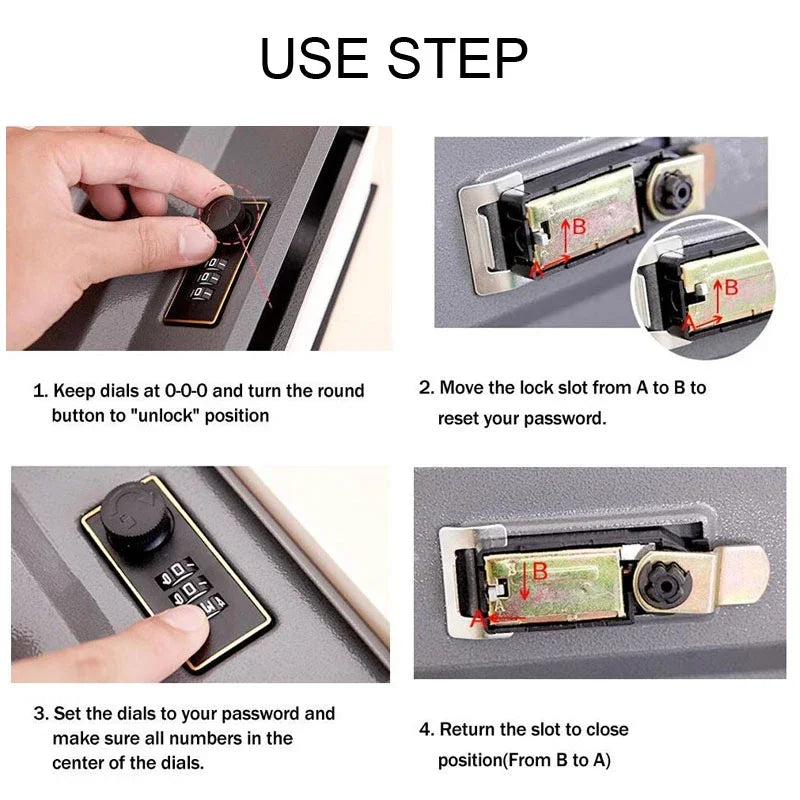 Instructions for using a secret combination key lock safe box showing steps to unlock and reset the password.