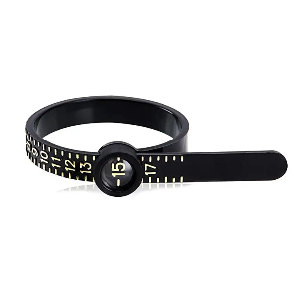 A black precision ring sizer and gauge tool with a numbered scale and a measurement dial.