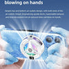 A hand holds a blue smartphone with a magnetic cooler attached, demonstrating its air outlet design.