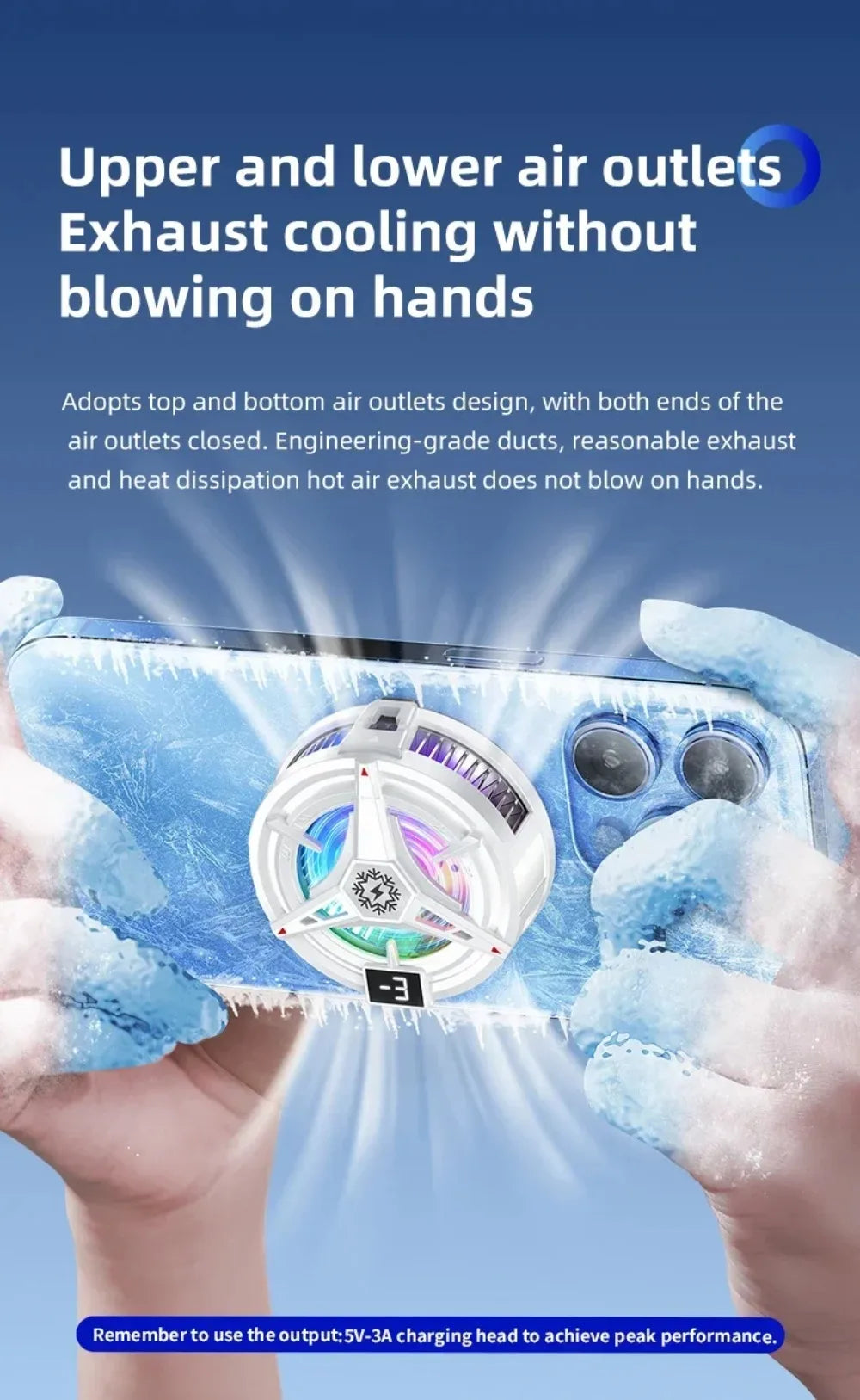 A hand holds a blue smartphone with a magnetic cooler attached, demonstrating its air outlet design.
