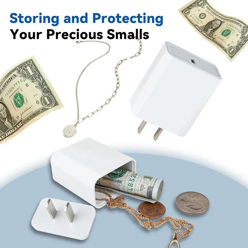 A white storage charger plug with a gold chain and coins, next to a stack of money.