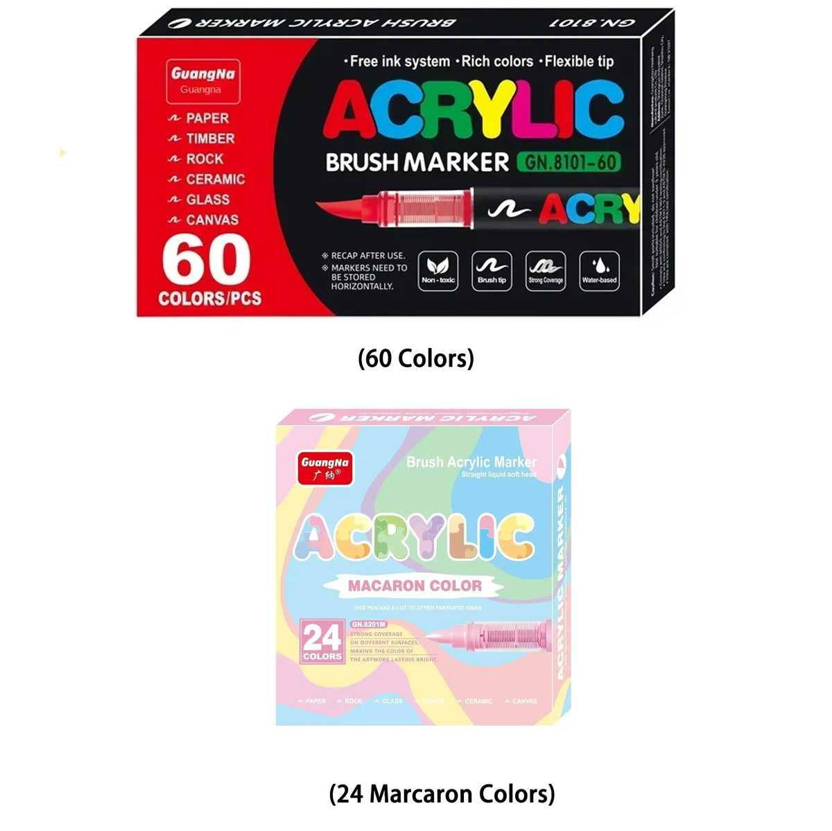 Box of acrylic brush markers featuring 60 colors and a set of 24 mararon colors