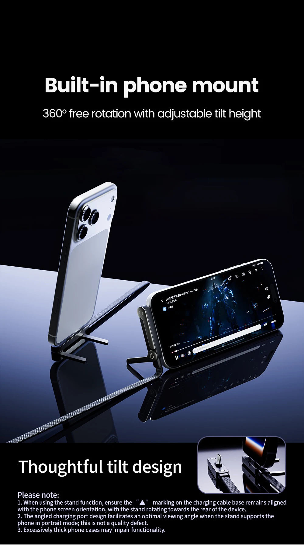 A smartphone is mounted on a flexible stand for charging, demonstrating 360 degree rotation and adjustable tilt height.