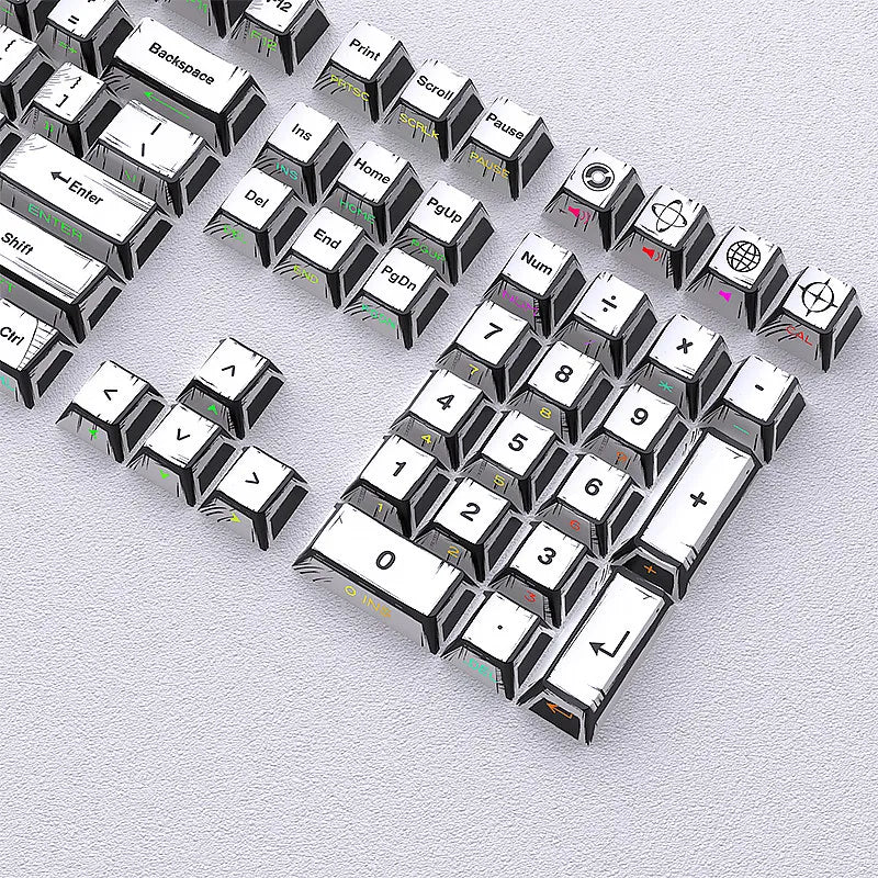 A close-up view of a set of translucent PBT keycaps with side printing in a cherry profile layout