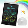 A digital writing tablet screen displaying the text I'm HAPPY in neon green, next to a rainbow background and an instruction 