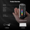 A handheld magnetic RGB light stick is shown with various buttons and a USB cable and instruction card.