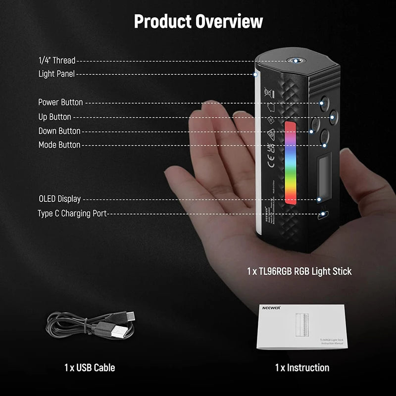 A handheld magnetic RGB light stick is shown with various buttons and a USB cable and instruction card.