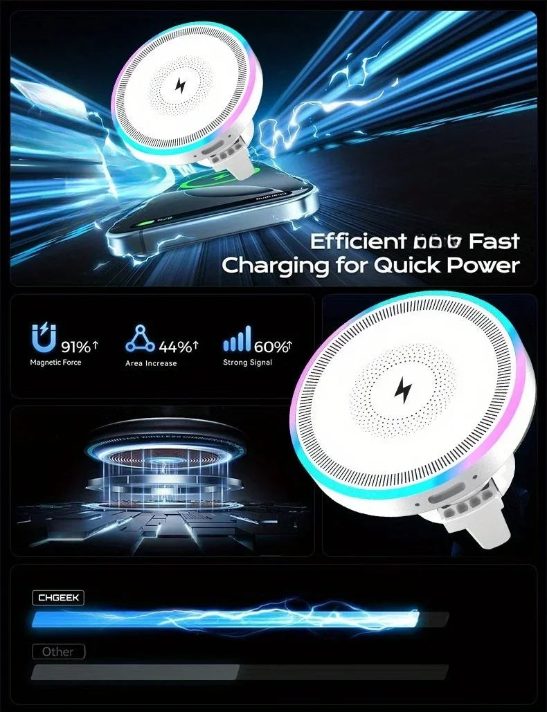 A white magnetic wireless car charger with an RGB ambient light is shown in various contexts demonstrating its efficient and 