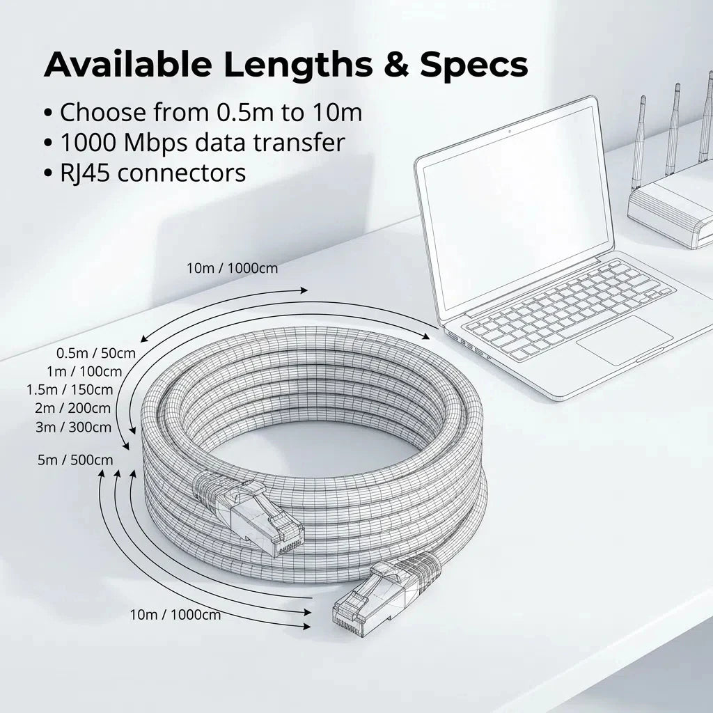 كابل إيثرنت ملفوف عالي السرعة بأطوال مختلفة وموصلات RJ45 بجوار حاسوب محمول.