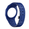 A blue ceramic watch case and strap set for a Swatch X AP Royal POP, shown from the side.