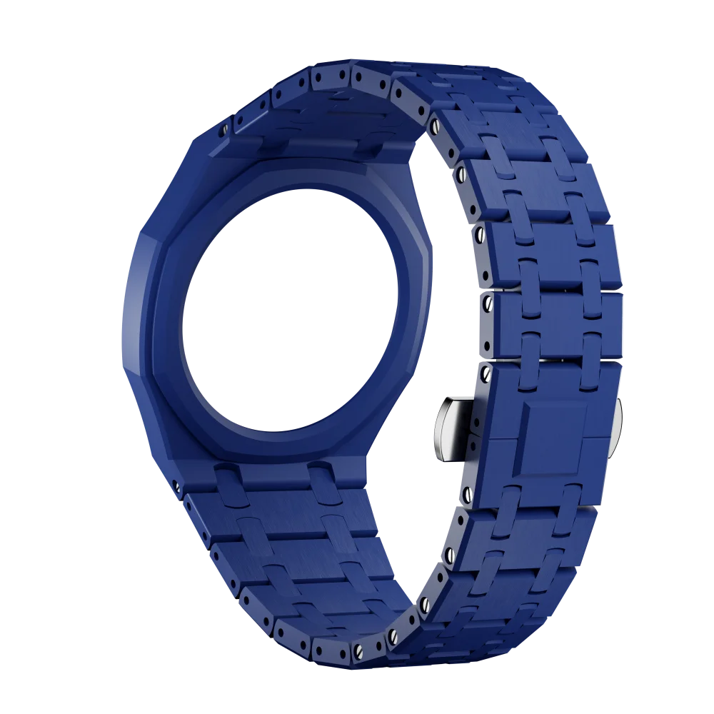 A blue ceramic watch case and strap set for a Swatch X AP Royal POP, shown from the side.