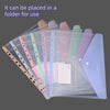 A collection of colorful, clear expandable binder pockets and plastic sleeves are displayed in a folder for use.