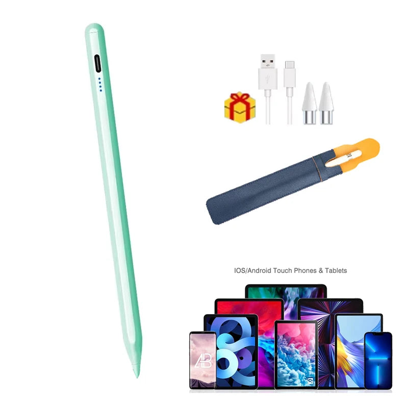 Grüner Stift neben Ladekabeln, gelbe Grifffläche und verschiedene Tablets und Handys.