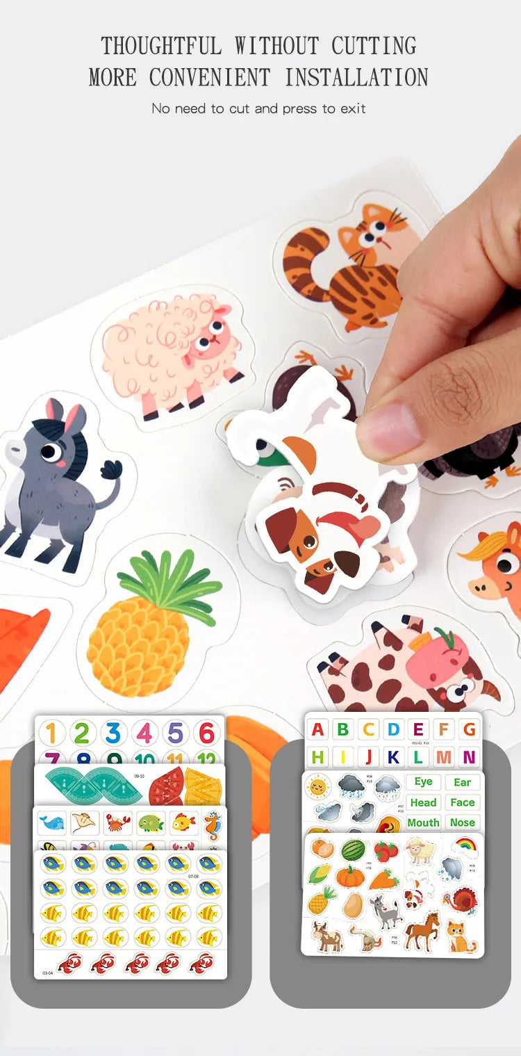 Reusable sticker activity book for toddlers showing various animal stickers and a letter chart