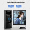 A black USB Wi-Fi adapter is shown next to a monitor displaying a woman's face, illustrating Dula Band Transmission features.