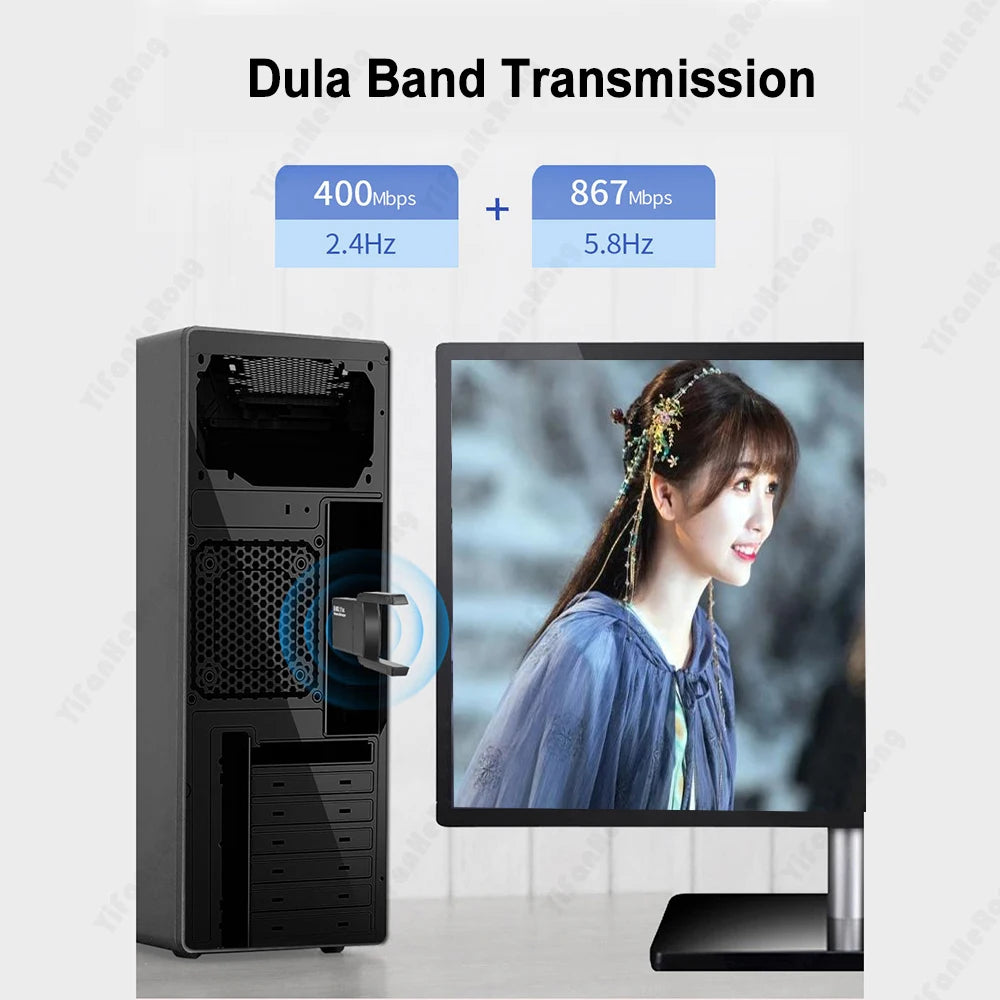 A black USB Wi-Fi adapter is shown next to a monitor displaying a woman's face, illustrating Dula Band Transmission features.
