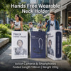 Hands free wearable neck holder product shown with various colored boxes and a man using it outdoors