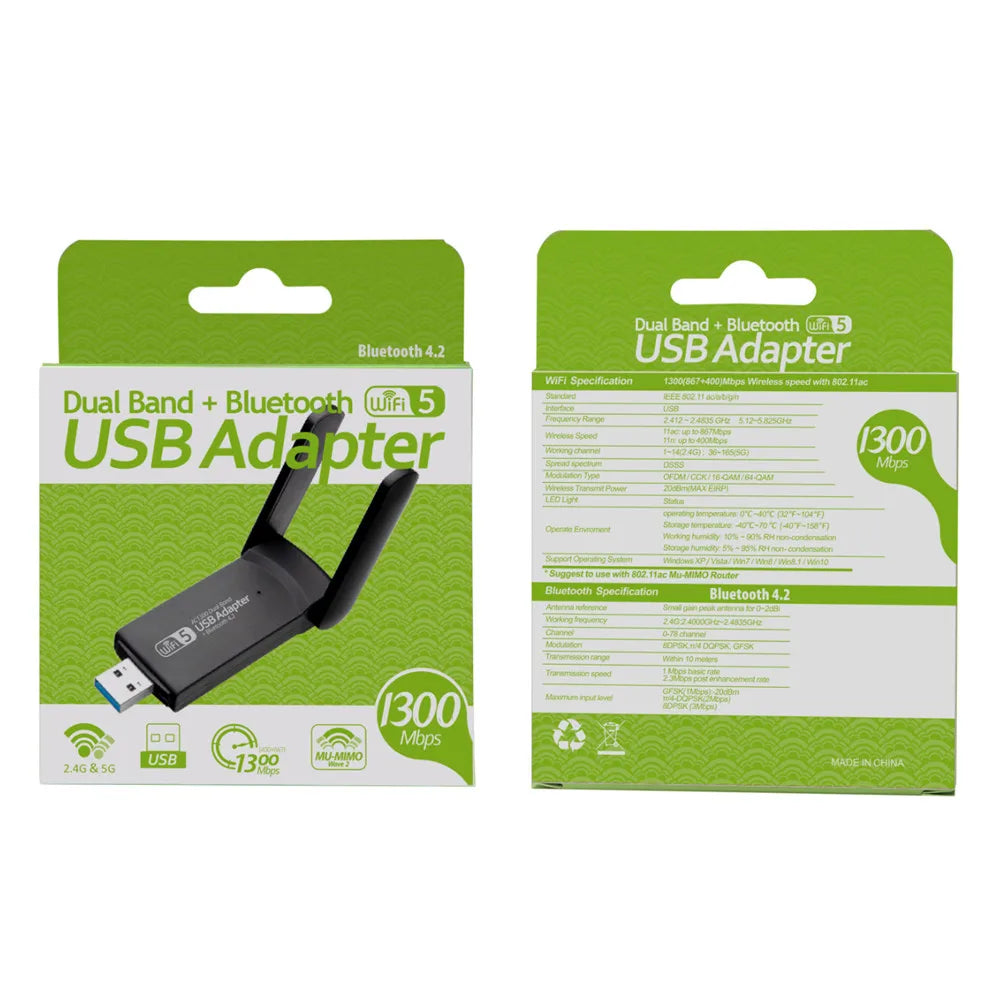 Un adaptateur Bluetooth USB Dual Band vert avec connecteur noir et spécifications techniques.