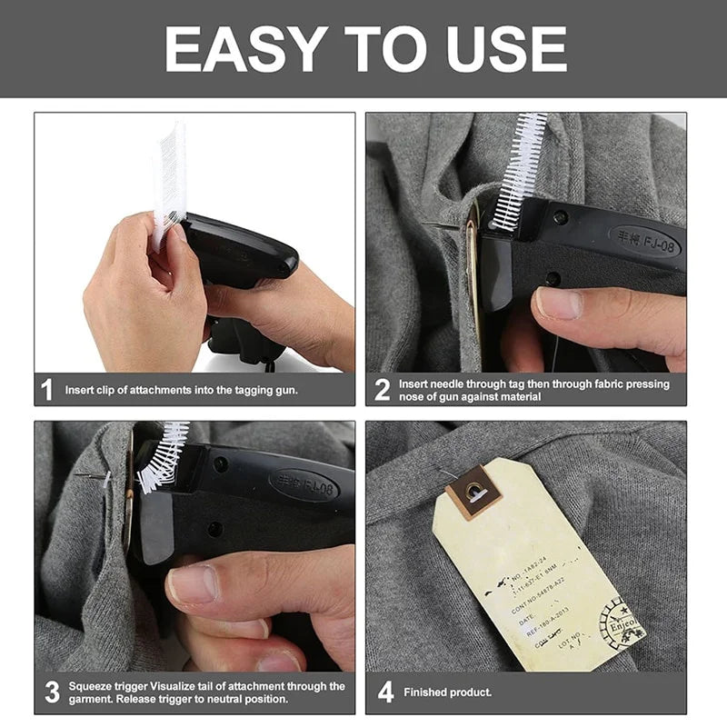 Step-by-step guide showing how to use a professional apparel tagging gun kit for inserting tags into fabric.