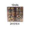 A box containing 10 rolls of metallic gold masking tape featuring intricate designs like deer and foliage for crafting.