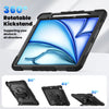 A black heavy duty shockproof iPad case with a rotatable kickstand shown in various angles.