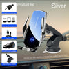 Silver wireless fast charger and suction cup holder for a car dashboard and outlet.