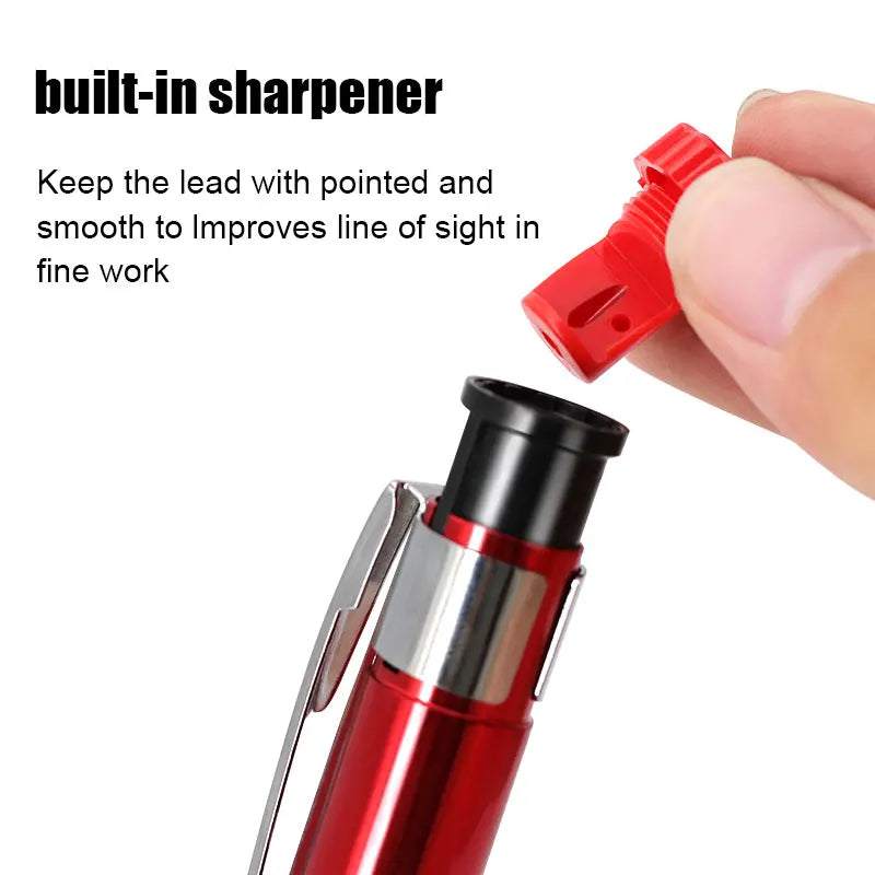 A close-up of a red metal carpenter pencil with a built-in sharpener cap being used to sharpen the lead.
