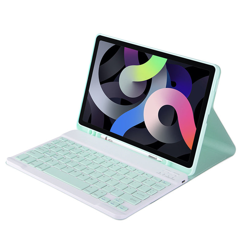 A light mint green leather keyboard case with a detachable Bluetooth keyboard for an iPad.