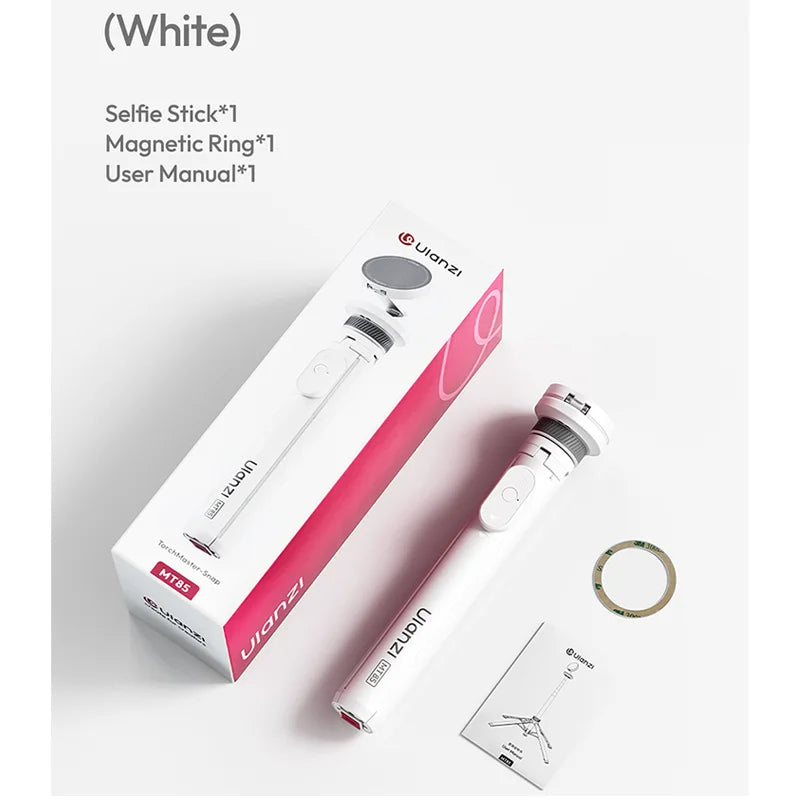 White selfie stick magnetic ring tripod kit including a user manual and remote.
