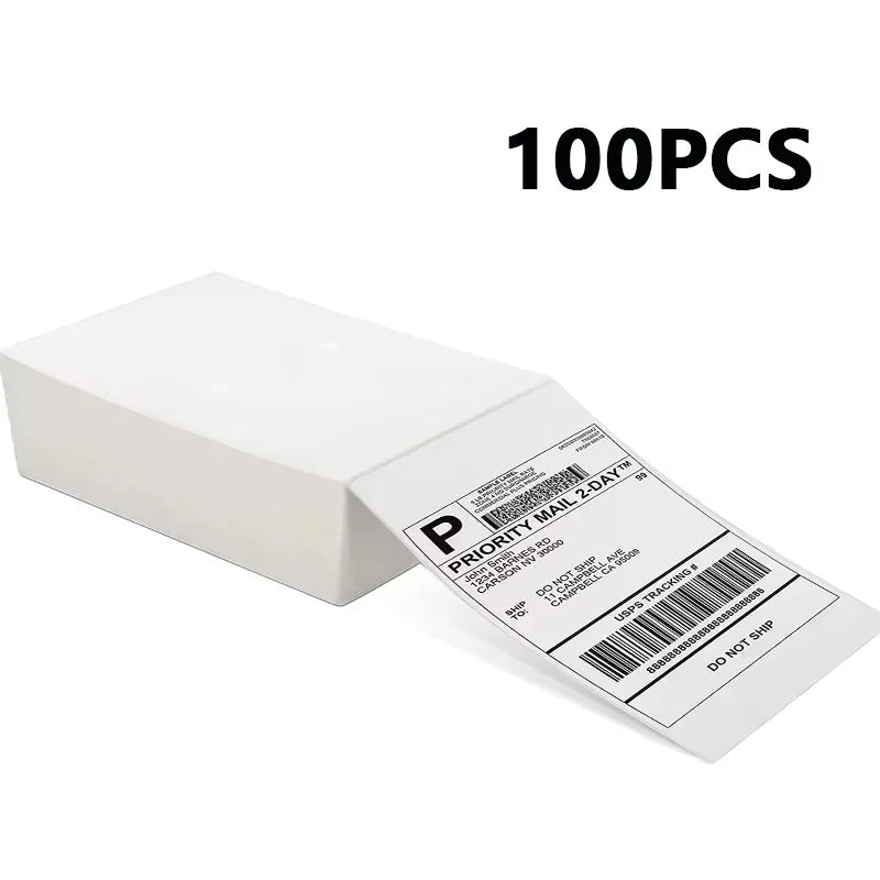 A white box containing 100 pieces of thermal shipping labels ready to print.