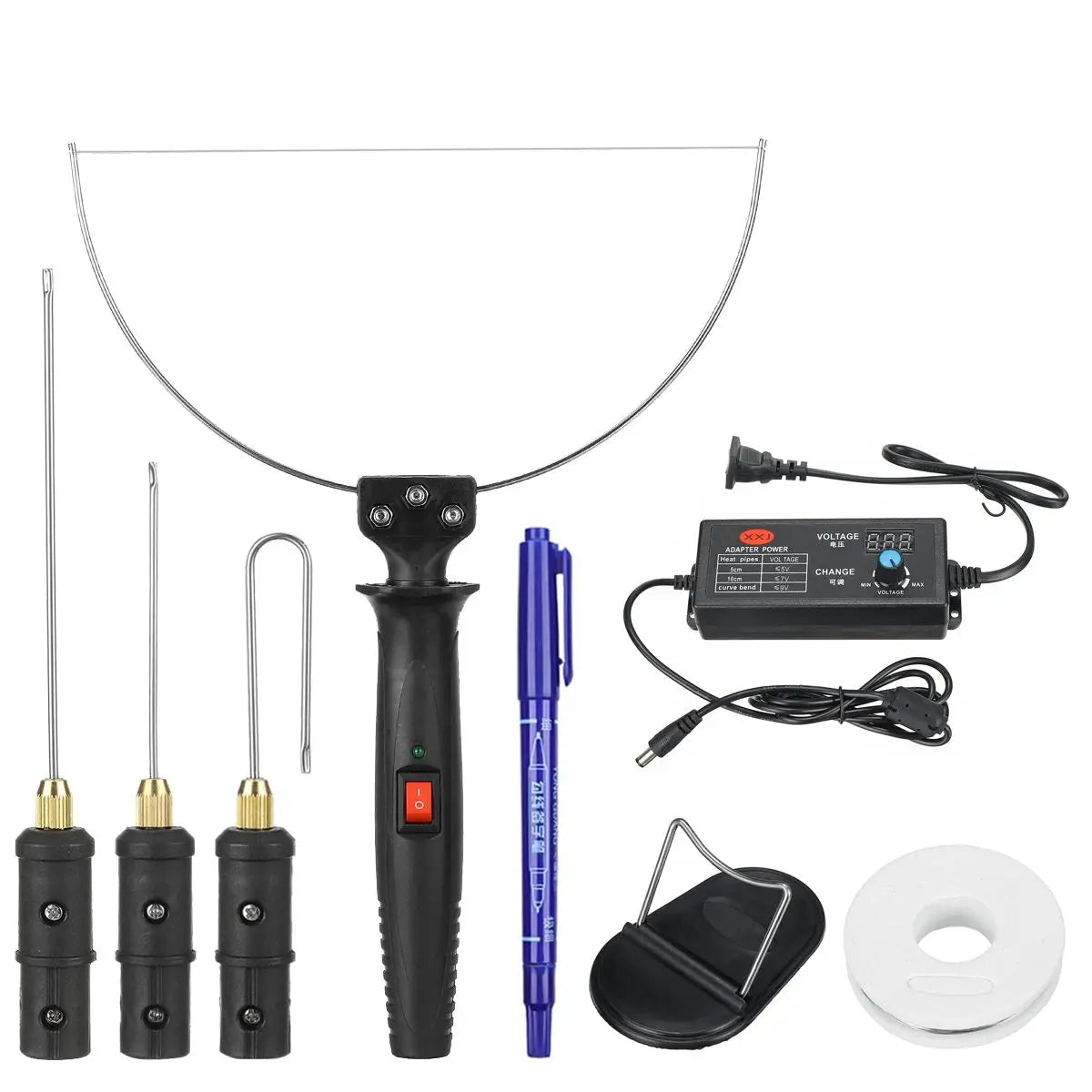 A set of 3 electric foam cutting tools including a device, a power adapter, and a cutting blade.