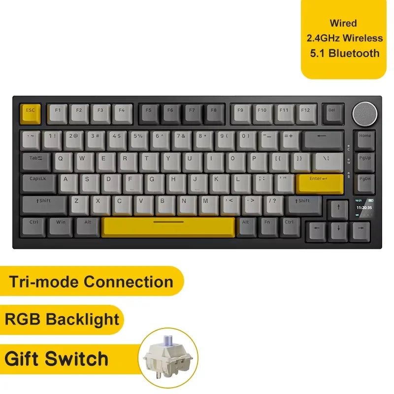 A black mechanical keyboard featuring a yellow keycap, RGB backlight, and a gift switch.