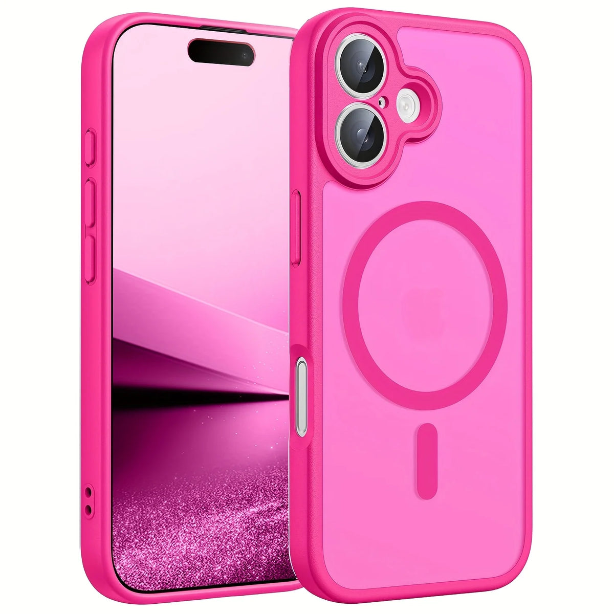 A pink magnetic wireless charging lens protector case for an iPhone, shown open to display the back and camera module.