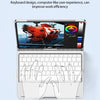A full-size keyboard is shown with a laptop, featuring a modern design and a backlit keyboard layout.