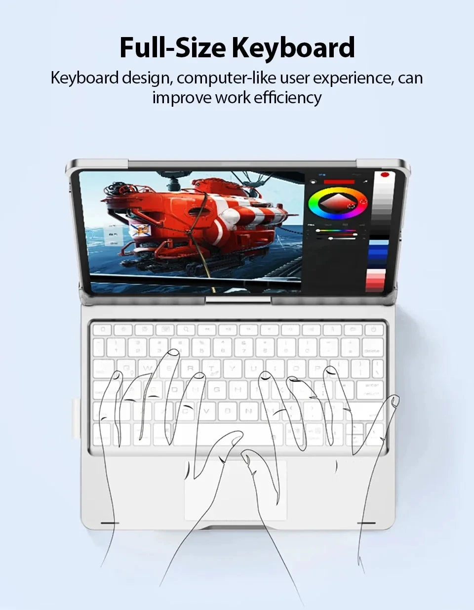 A full-size keyboard is shown with a laptop, featuring a modern design and a backlit keyboard layout.