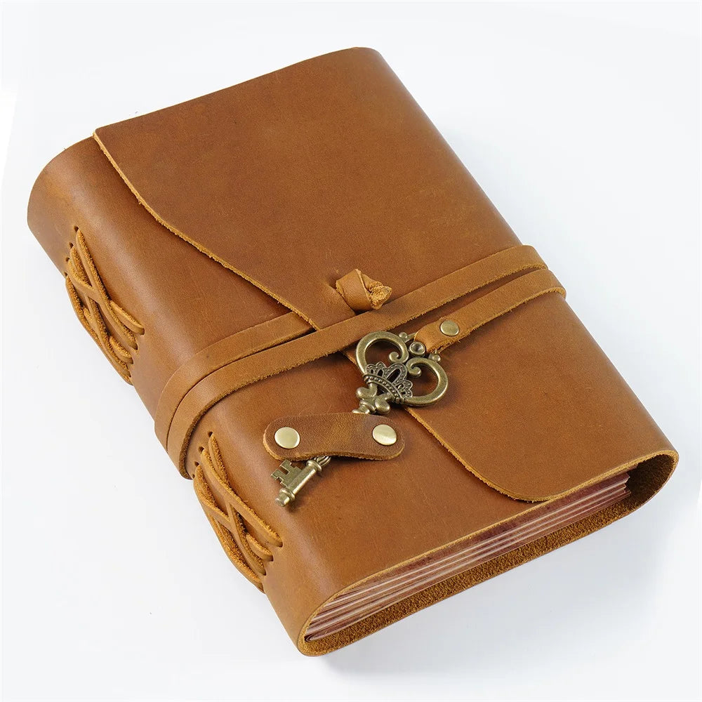 Diario o cuaderno de cuero marrón con costura decorativa y hebilla de latón.