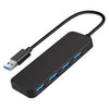 A black 4-port USB 3.0 hub adapter with a flexible cable.